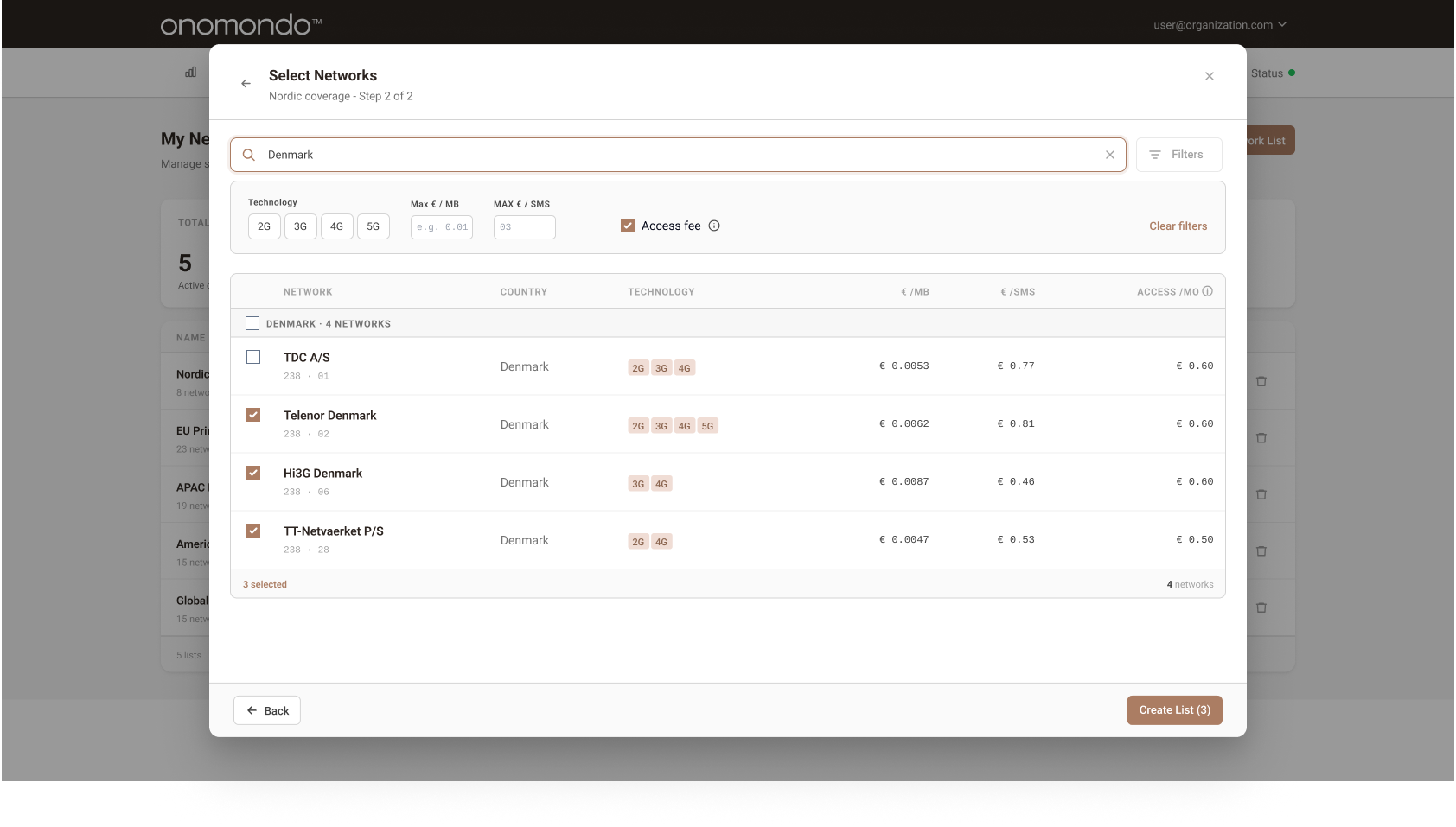 Select Networks modal with filters open,technology, max price per MB/SMS, access fees, and active filter tags